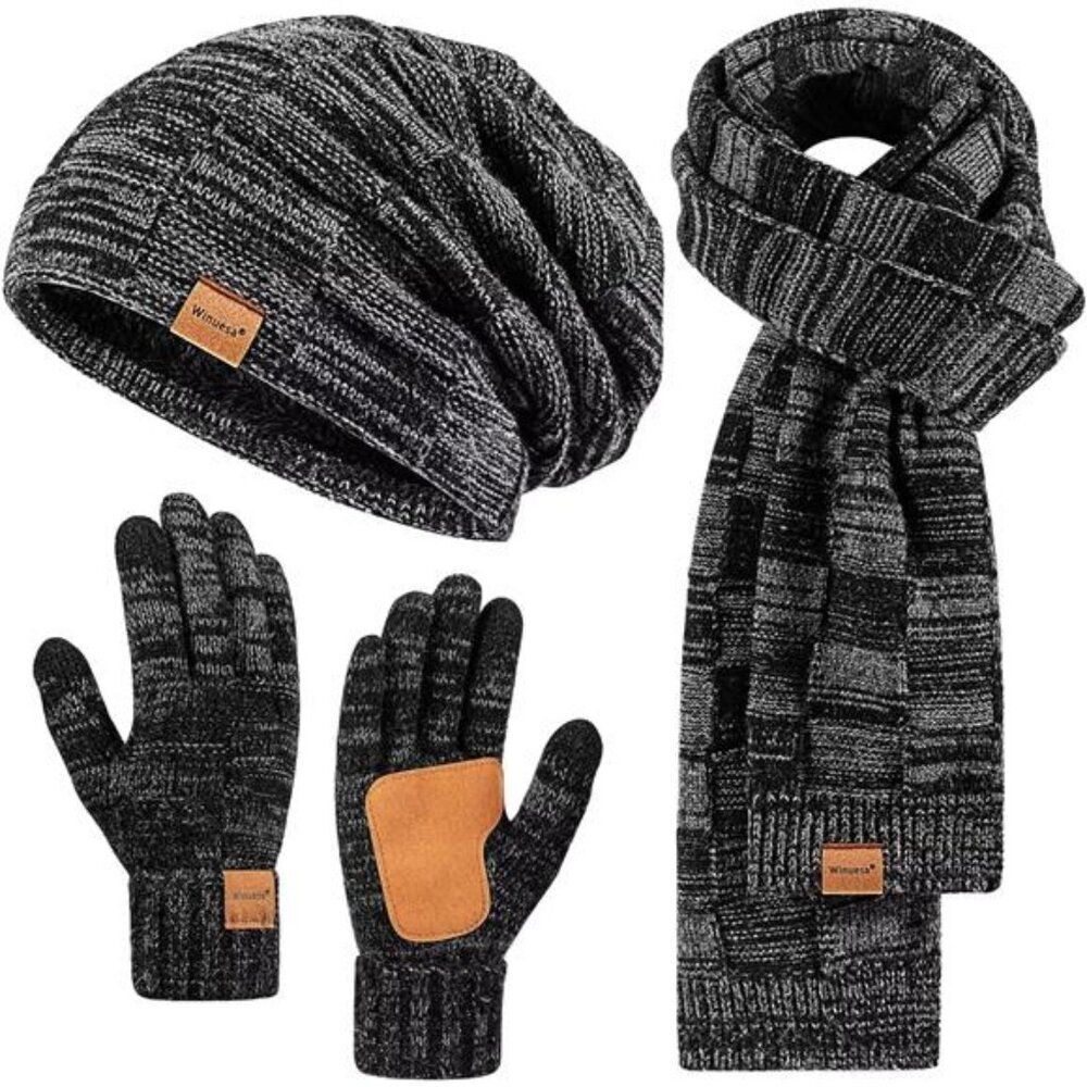Mens Hat Gloves Scarf Set Winter, Slouchy Beanie 3 in 1 Warm Set, for Men